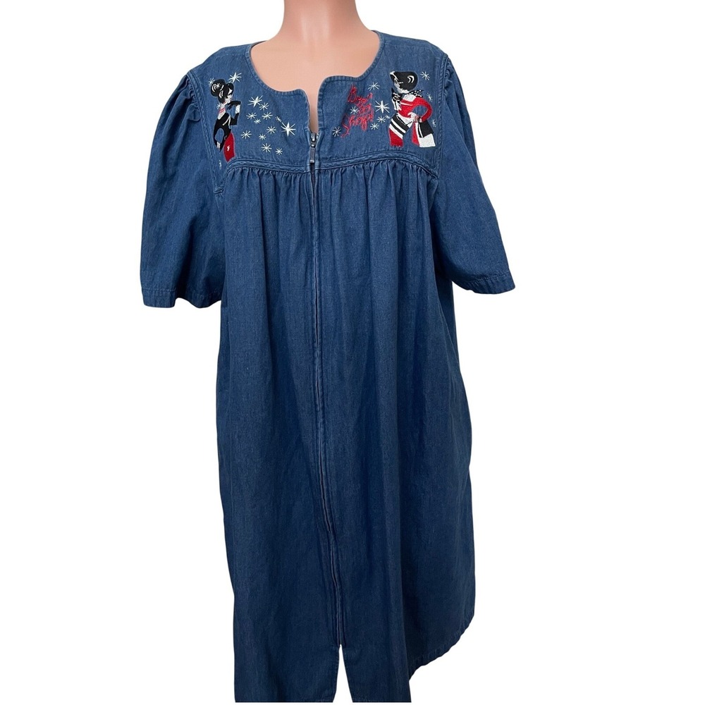 Go Softly Y2K Embroidered Denim Zip‎ Dress XL Retro Cartoon Kitsch Statement